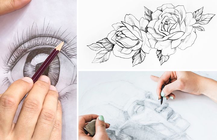 A collage of human facial features and flowers drawings