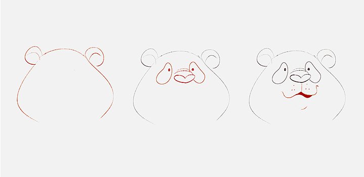 Steps of drawing a cartoon panda face, from wireframe to final drawing