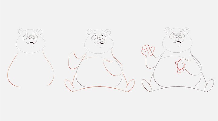 Wireframe steps of drawing a cartoon panda