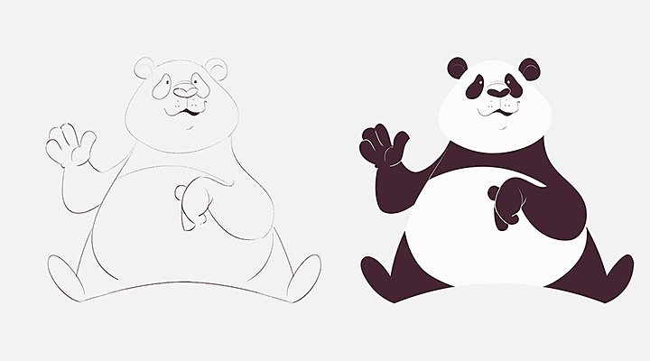 Wireframe drawing of a cartoon panda next to a finished cartoon panda drawing
