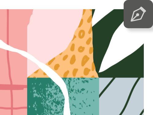 Pen tool icon superimposed on abstract digital art.