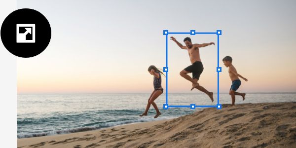 The Free Transform tool outline with icon overlaid is used to select the middle of three children playing on a beach