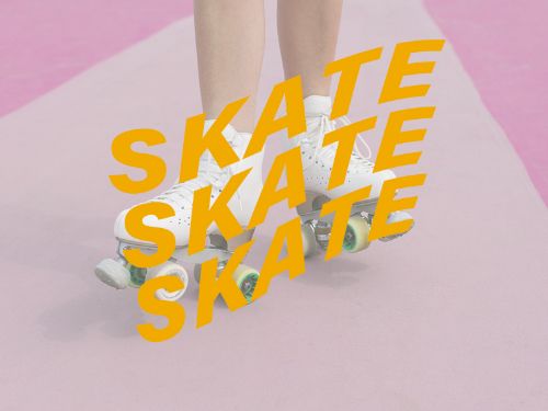 An image of roller skates. A text layer has been placed over the image and the text says "SKATE." The Warp tool has been used to bend the text.