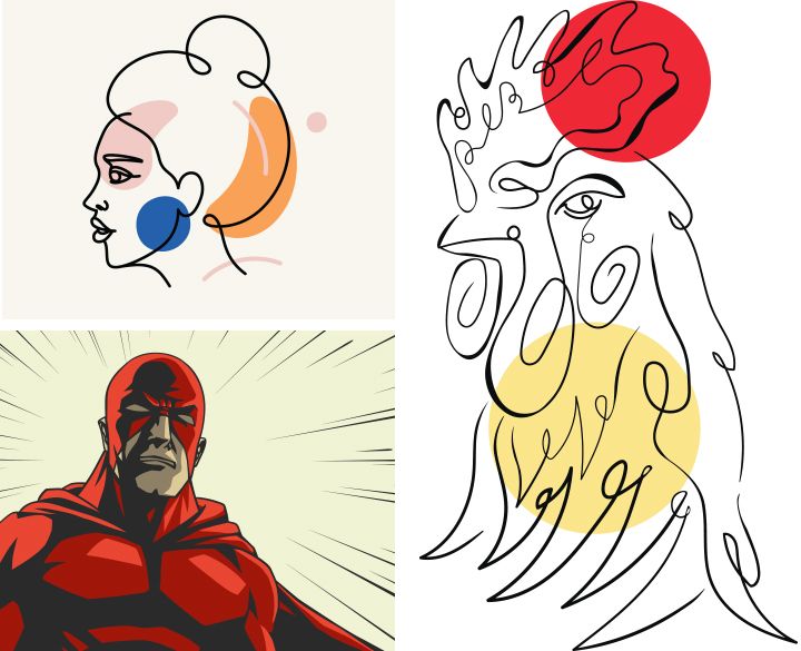 Three line art drawings: side profile of a person's head, a rooster's head and a masked super hero