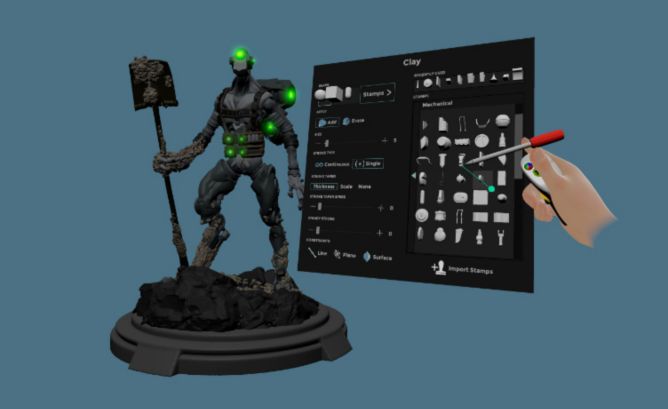 User POV inside the Medium VR app choosing a stamp from the UI menu