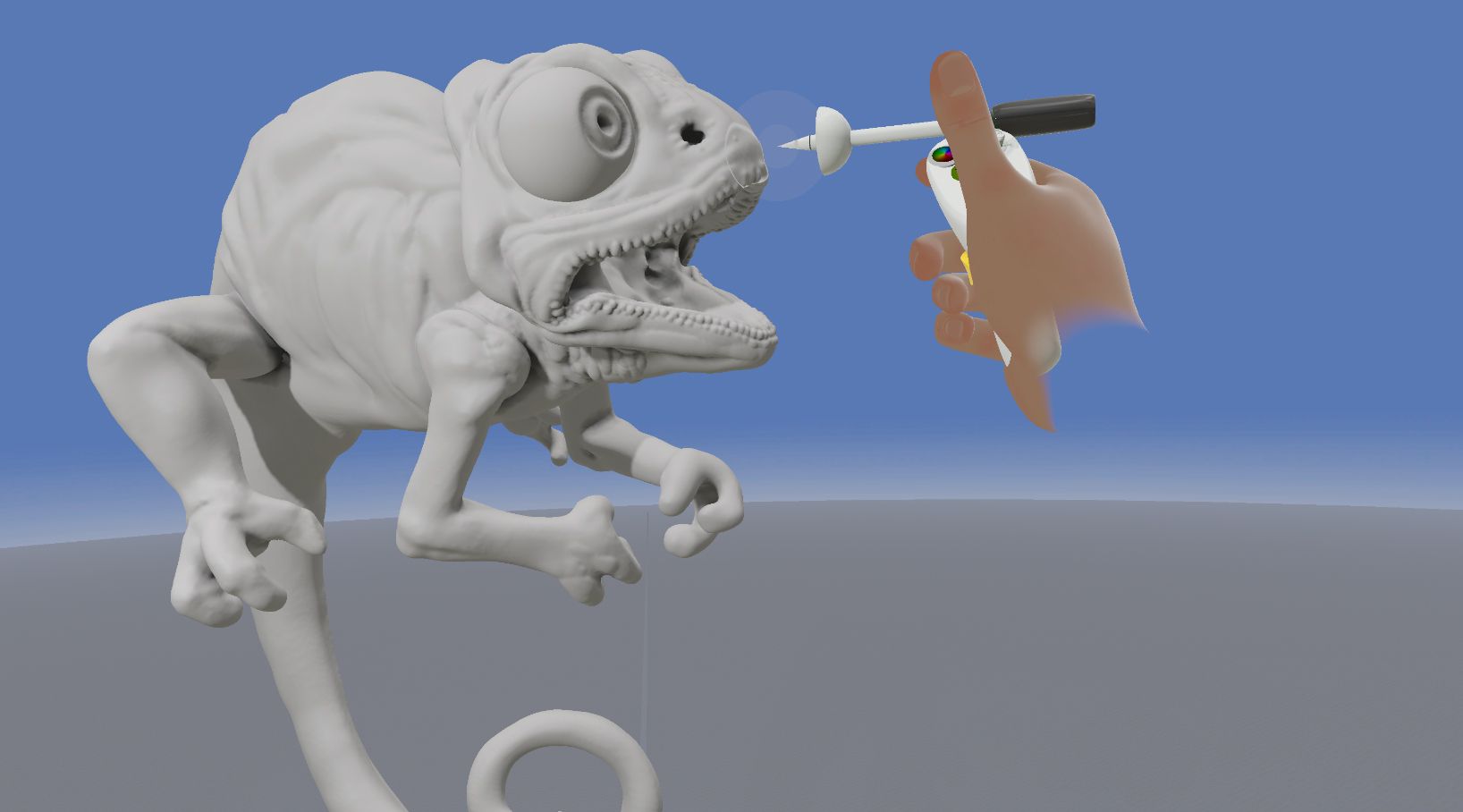 Untextured 3D model of an iguana being designed in the Medium VR app
