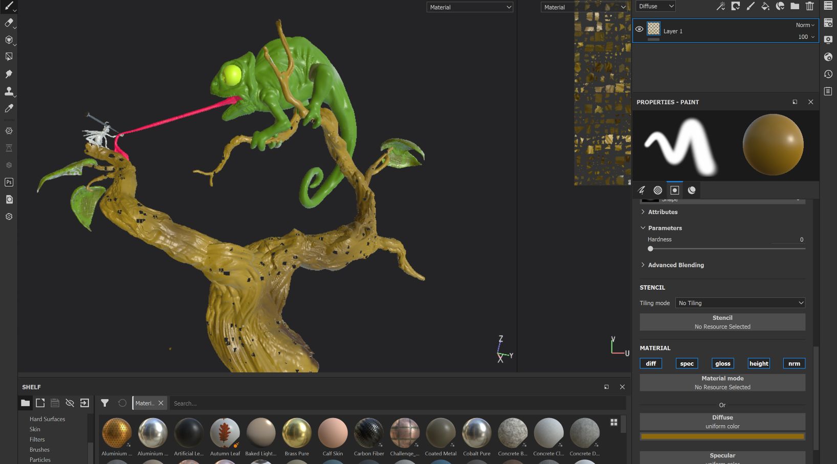 UI of Substance as the user works with a 3D iguana created in Medium