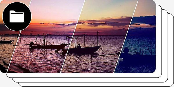 Small fishing boats with long propeller shafts are captured at sunset with various Photoshop effects overlayed in striped sections.