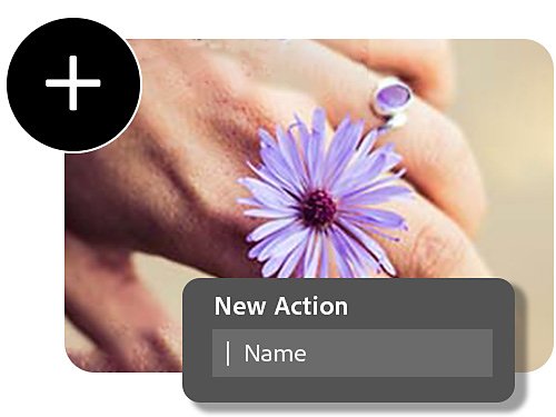 A hand with a purple ring and a purple flower between the fingers like a ring has the new action tool superimposed.