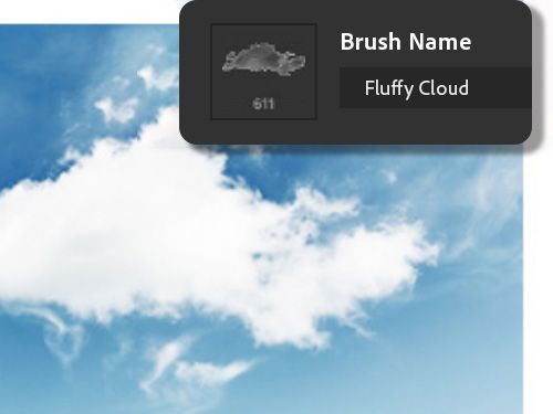 A custom Photoshop cloud brush is made with the Brush Settings panel overlaid