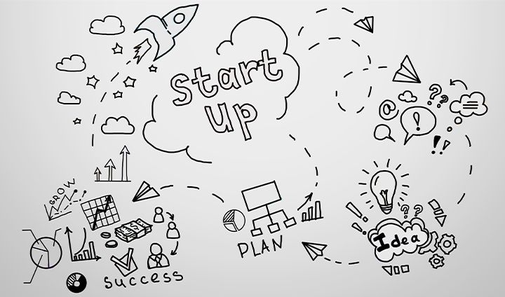 Black-and-white whiteboard drawings for a start-up business