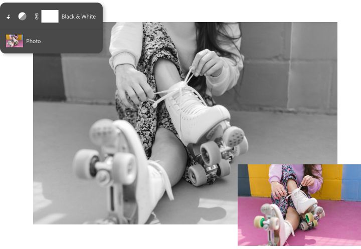 An example of an adjustment layer added as a clipping mask on a photo of a roller skater.