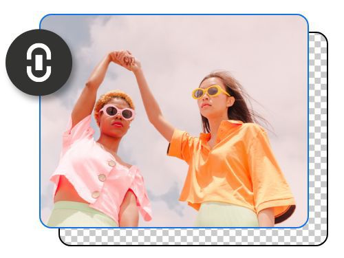 Two people making an arch with their arms are photographed from below with a linked object icon overlaid