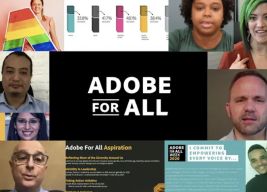 Group of women who work at Adobe with their hands raised horizontally to make an equal sign.