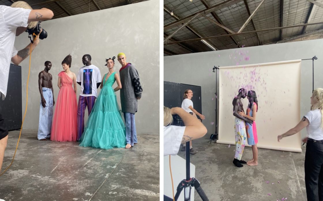 Behind the scenes of models having picture taken during photoshoot