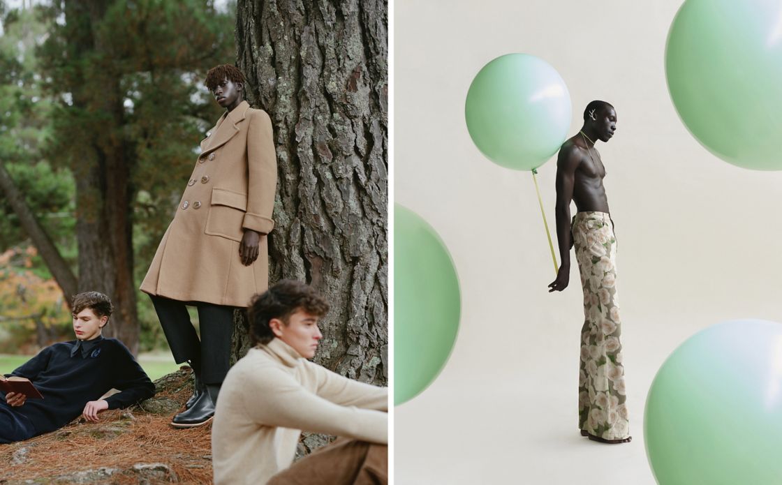 3  fashion models in the forest | Fashion photography of a model surrounded by green balloons