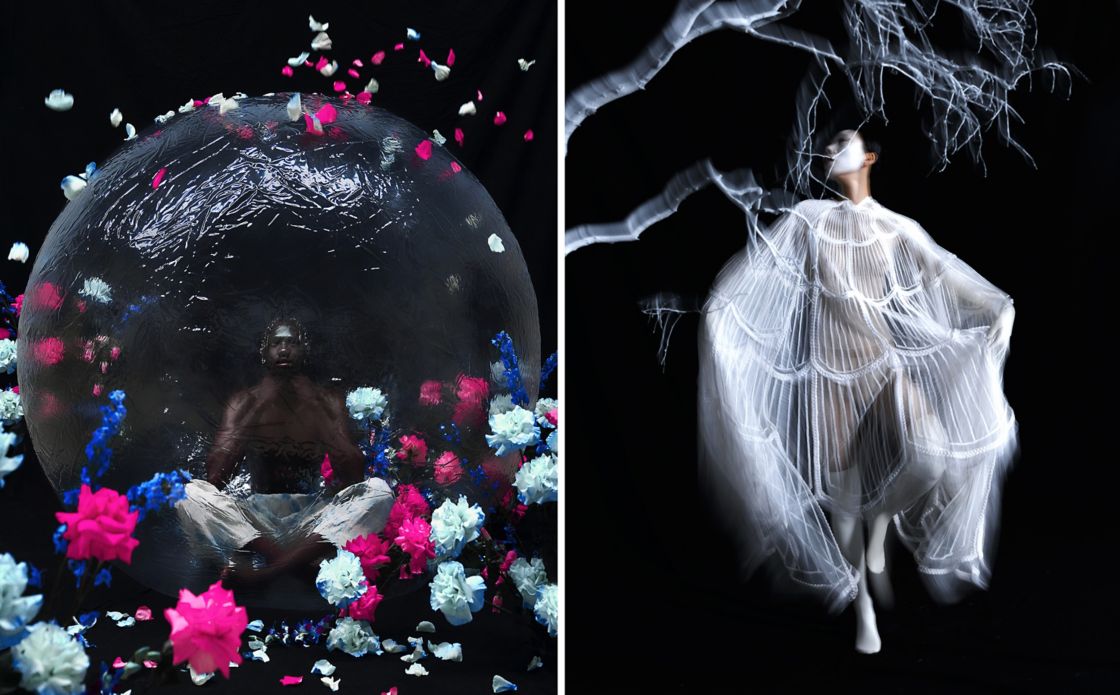 Fashion photography of model in a bubble surrounded by flowers, showing photography with studio lighting | Creative Fashion photography of a model captured with studio lighting