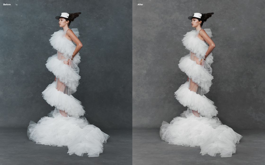 Before and after comparison of fashion photography image edited using Adobe Photoshop Lightroom