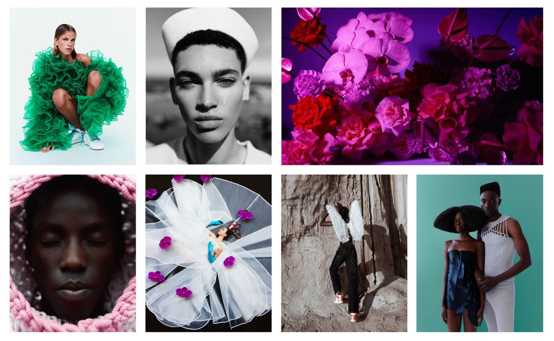 Mood board with images of models and flowers, showing tones of pink, green, blue and grey.
