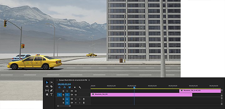 A video editing timeline panel superimposed over an image of a taxi parked at a street light