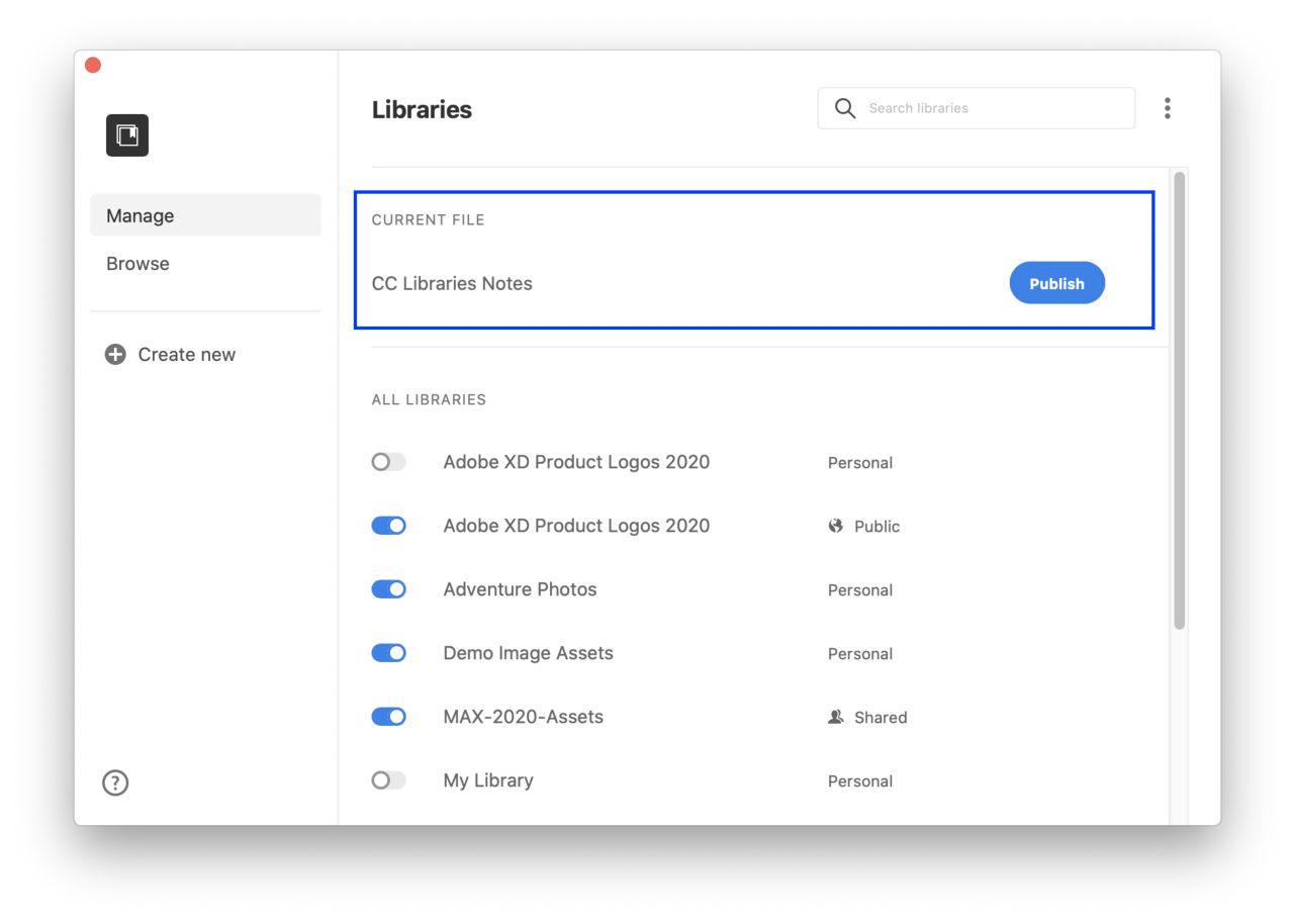 Publish as a new Creative Cloud Library