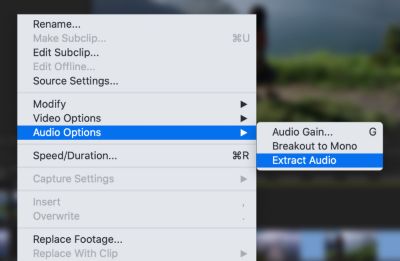 Меню параметров звука в Adobe Premiere Pro