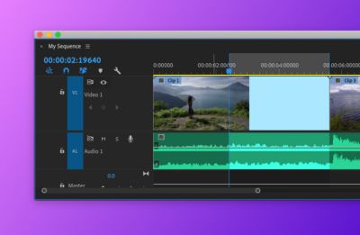Интерфейс Adobe Premiere Pro с одним видеослоем и двумя аудиослоями