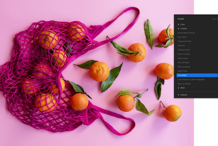 The Adobe Photoshop Lightroom color presets window superimposed over a flat lay photo of oranges falling out of a purple mesh bag