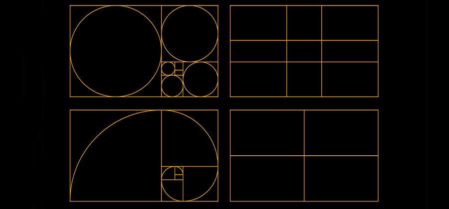 Four diagrams side by side depicting the golden ratio