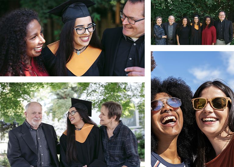 A collage of multiple photos of various school graduates posing with their families and friends