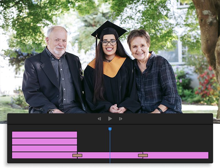 A school graduate posing with their parents and an Adobe Premiere Pro video timeline panel superimposed over it