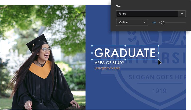 Editing title text on a graduation slideshow with a photo of a student graduate on it