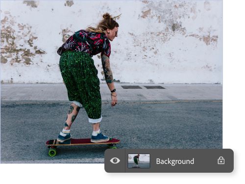 Layers panel superimposed on a photo of a person skateboarding.