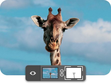 A giraffe is profiled in front of wispy clouds and blue sky with Layer Mask tool window overlaid