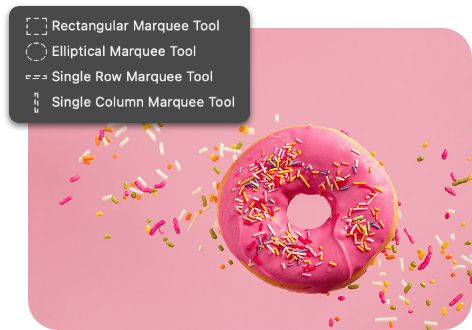 A pink-sprinkled donut hovers in a pink background  with Marquee tool options dialog box overlaid