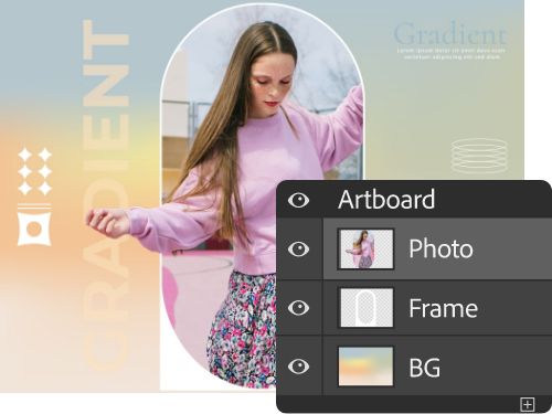 A person in a pink sweater and floral skirt is isolated in the Layers panel with window overlaid