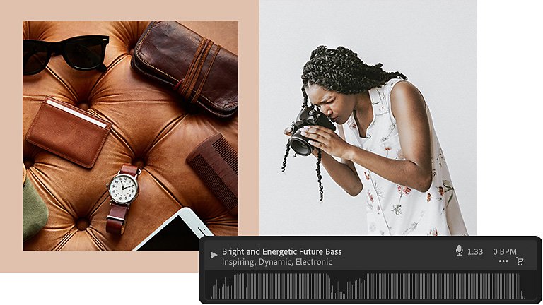 Two images side by side: one of a leather chair with personal accessory items laid out on it and one of a person taking a photo with an audio soundwave file superimposed over it