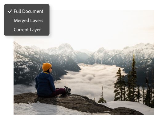 Full Document, Merged Layers, and Current Layer menu options superimposed on a photo of a person outdoors.