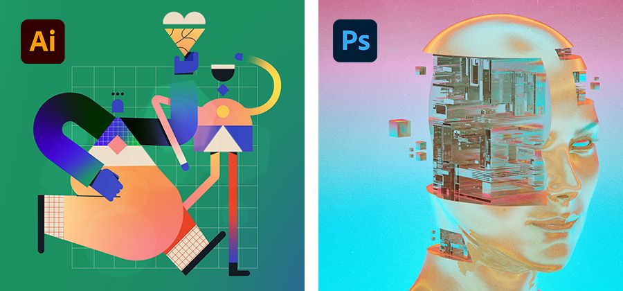 Examples of artwork created in Illustrator and Photoshop