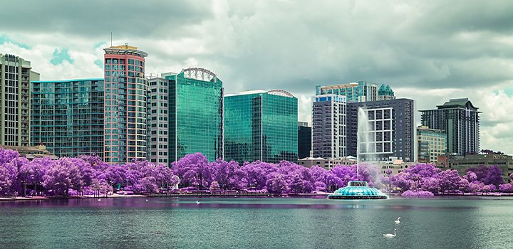 Infrared photo capturing a cityscape in front of a waterfront park
