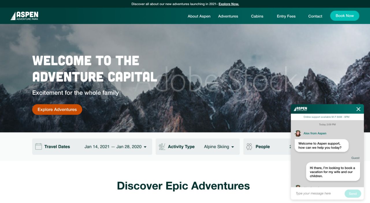 A chat window on a fictional website for an adventure travel destination.