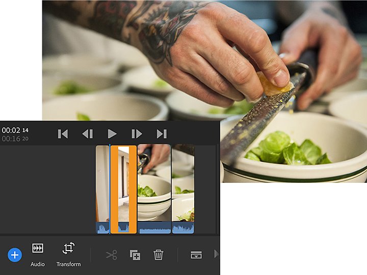 Finestra della timeline di Adobe Premiere Rush sovrapposta a un’immagine di una persona che grattugia qualcosa in una ciotola