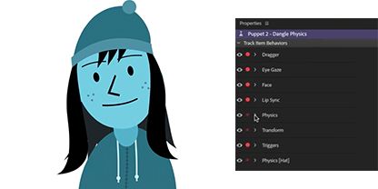 Cartoon character next to the physics interface in Adobe Character Animator