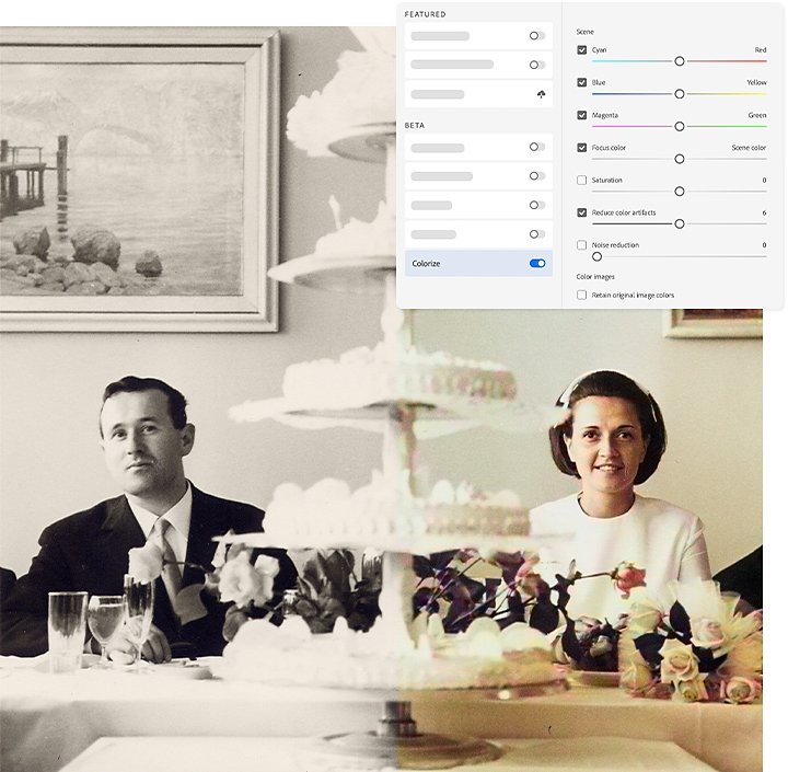 部分黑白部分使用 Adob​​e Photoshop Colorize 工具彩色叠加在其上的婚礼照片