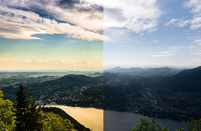 Side-by-side comparison of photos of a forest valley with different exposure settings