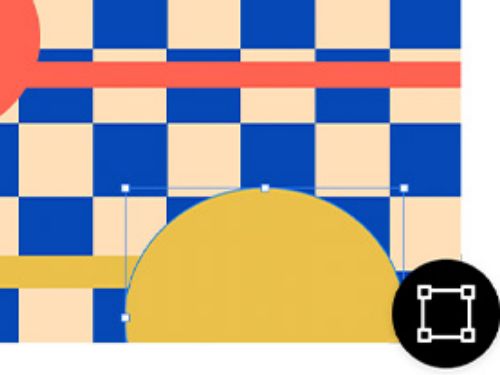 Multicolored circles and bars on a checkerboard background with Photoshop Scaling tool icon overlaid