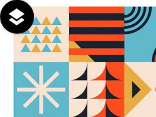 Bright but muted panels of shapes creating abstract logos that are combined in a larger tapestry