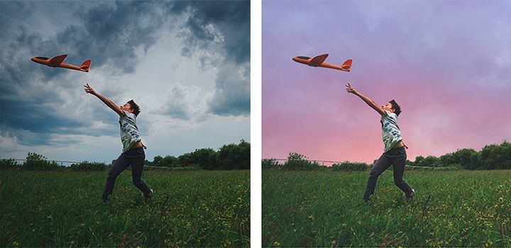 Original capture of a person throwing a model airplane vs. an edited version of the image