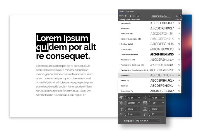 Presentation slide with Adobe InDesign interface of font options