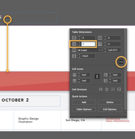 Adobe InDesign interface of table dimensions hovering over a presentation slide